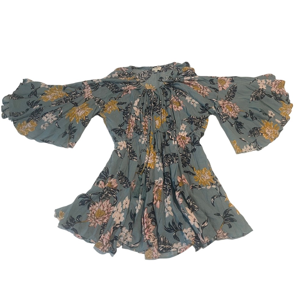 00713 Umgee USA Boho Floral Bell Sleeve Tassel Tunic Womens Med Teal Pink Yellow